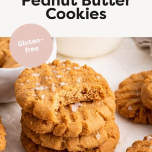 Stack of 3 Ingredient Peanut Butter Cookies, the top one has a bite taken from it.