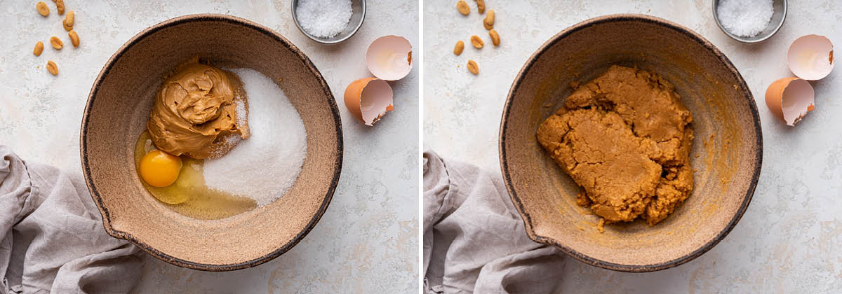 Egg, peanut butter and sugar in a bowl and photo beside it of the cookie dough mixed.