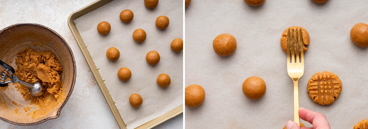 Photo of cookie scoop rolling balls of peanut butter cookie dough onto a sheet pan. Next photo is a fork making criss cross marks on the cookies.