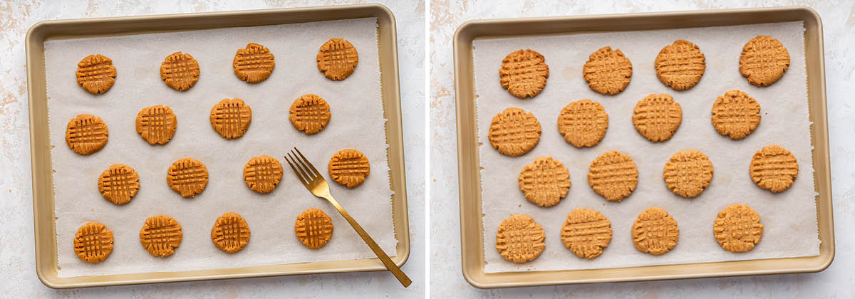 Photos of unbaked and baked peanut butter cookies on a cookie sheet.