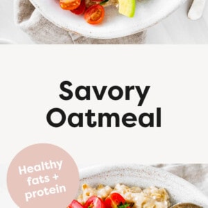 Two photos of a bowl of oatmeal topped with an egg, tomatoes, avocado, feta, hot sauce and everything bagel seasoning.