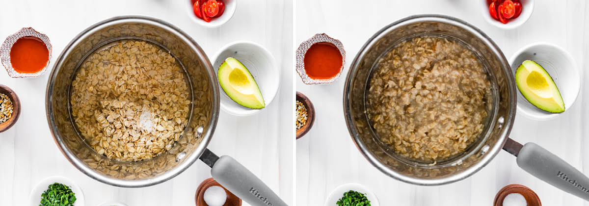 Two photos showing oatmeal uncooked and cooked in a pot.