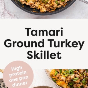 Photo of ground turkey, veggies and slaw in a skillet and a photo below of two bowls with the ground turkey served with rice.