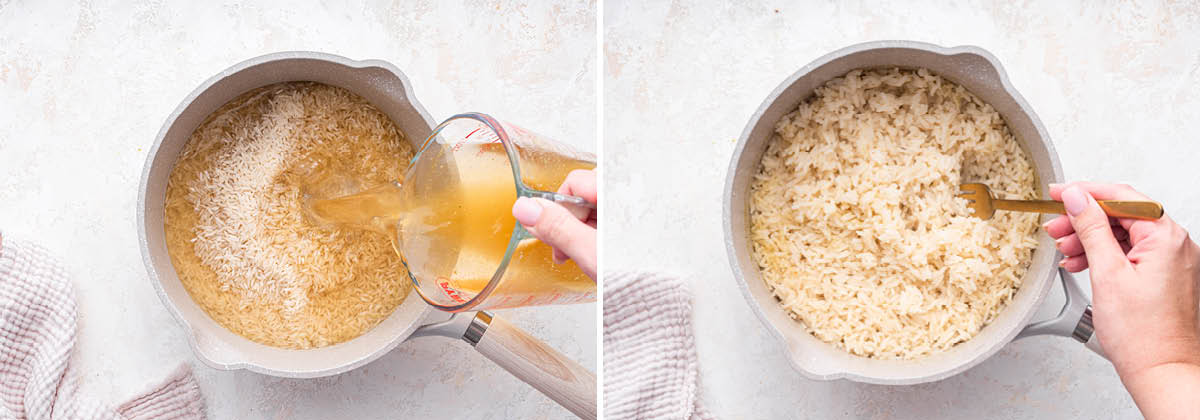 Photo of hand pouring veggie broth into a pot of jasmine rice. Photo beside is of a hand fluffing the rice with a fork.