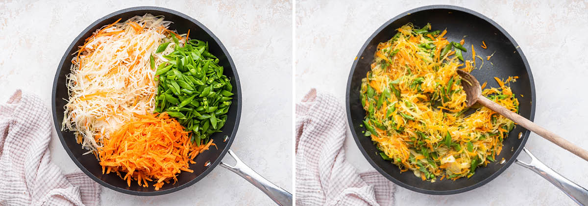 Two photos of slaw, snap peas and carrots in a skillet, before and after being cooked.