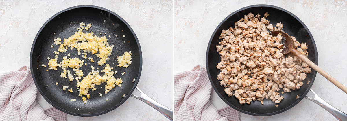 Cooked onion and garlic in a skillet. Photo of ground turkey cooked in the pan.