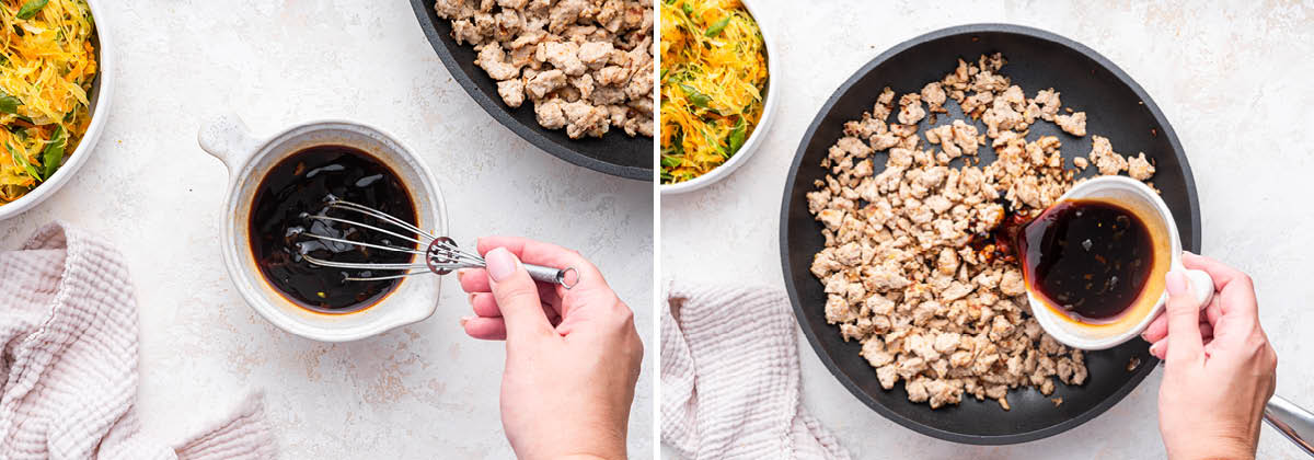 Photo of hand whisking tamari, honey and sriracha together. Photo of hand pouring the sauce into the cooked ground turkey in a skillet.