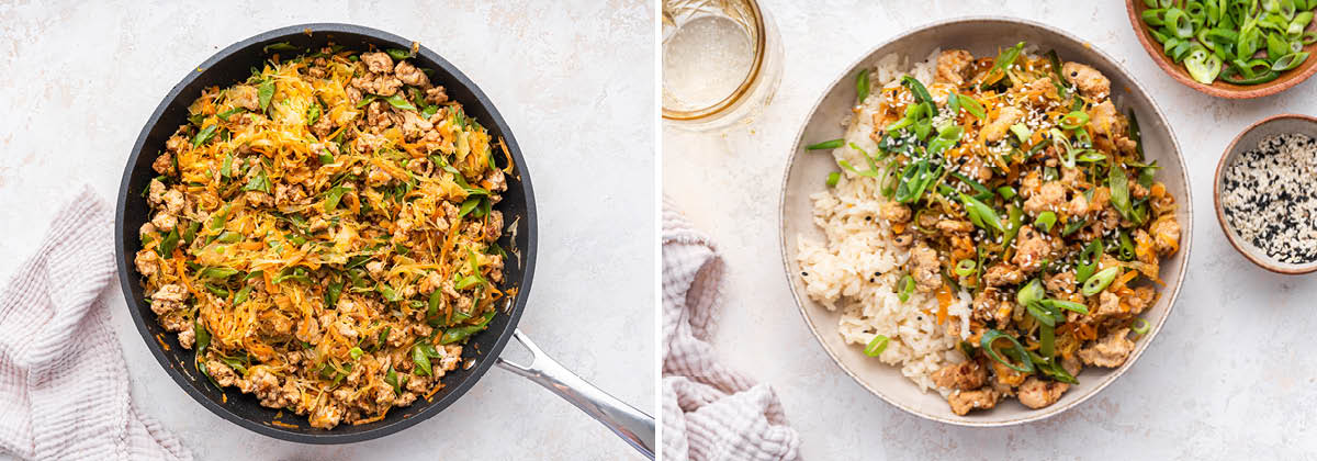 Photo of cooked ground turkey with cooked slaw in a skillet. Photo of the turkey served with rice.