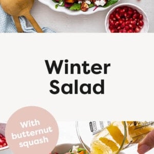 Two photos of a bowl with Winter Salad. One photo shows the dressing being poured on.