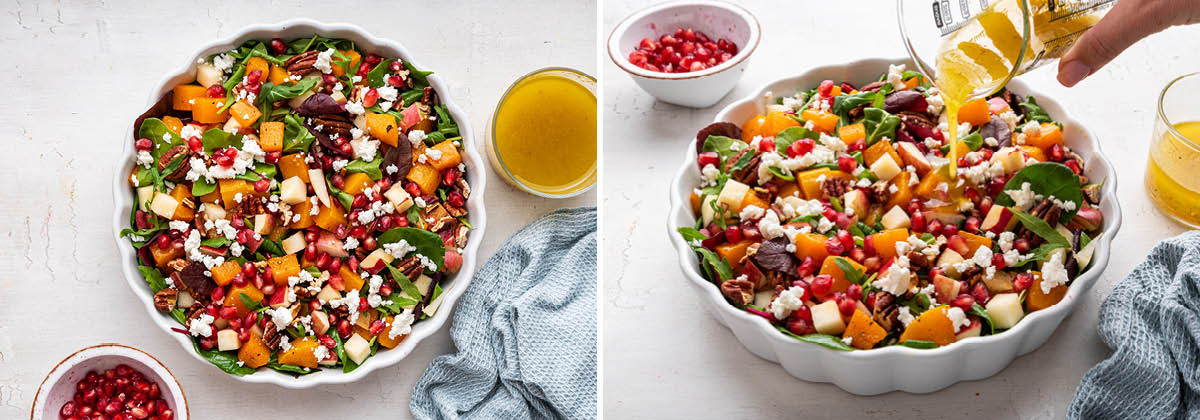 Photo of a salad with apples, pomegranate, roasted squash, pecans and feta. Photo beside it is a hand pouring dressing from a container onto the salad.
