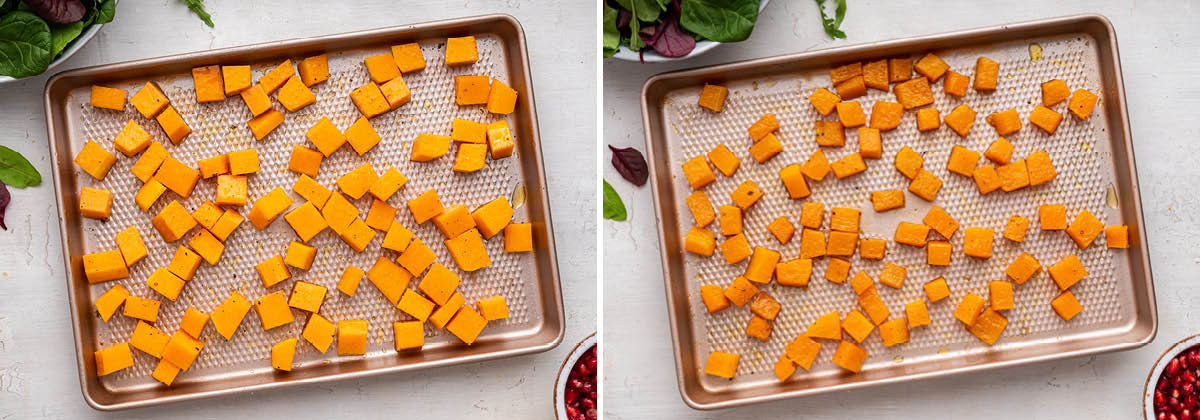 Two side by side photos of a sheet pan with butternut squash before and after being roasted.