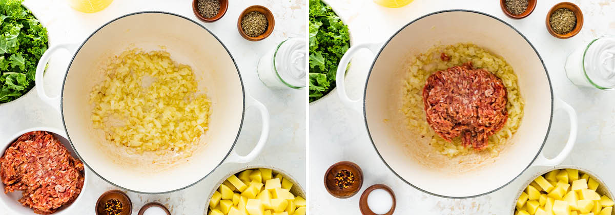 Photo of sautéed onion in a pot. Photo of Italian sausage added to the pot.