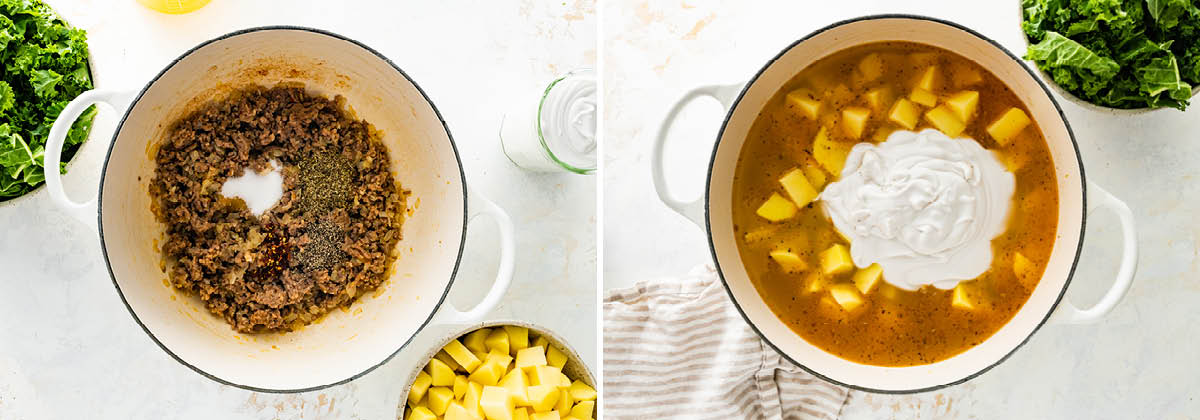 Photo of cooked Italian sausage and onion in a pot with seasonings being added. Photo beside is of the pot with potatoes, broth and coconut cream added.