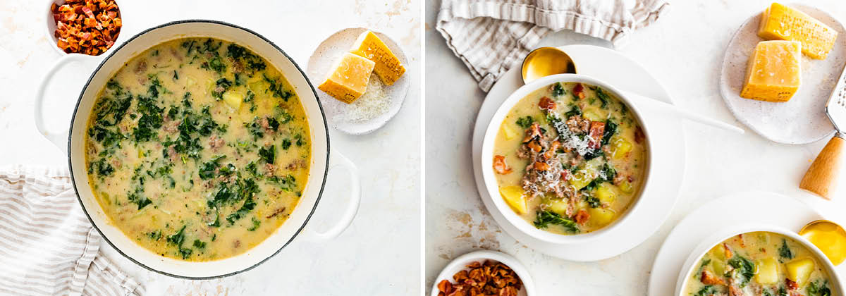 Photo of Zuppa Toscana in a pot. Beside is a photo of two bowls of soup topped with parm and bacon.