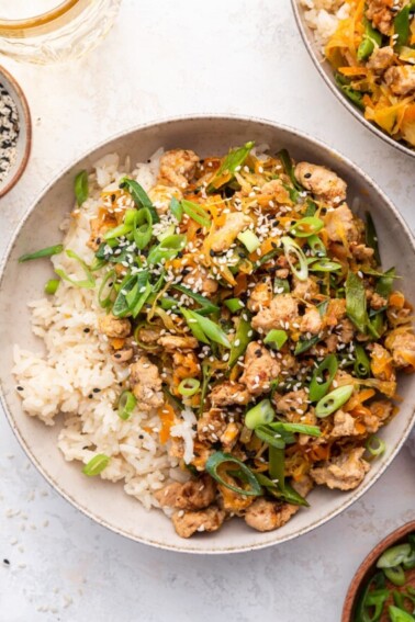 Tamari ground turkey skillet recipe served in a bowl with white rice and topped with green onions and sesame seeds.
