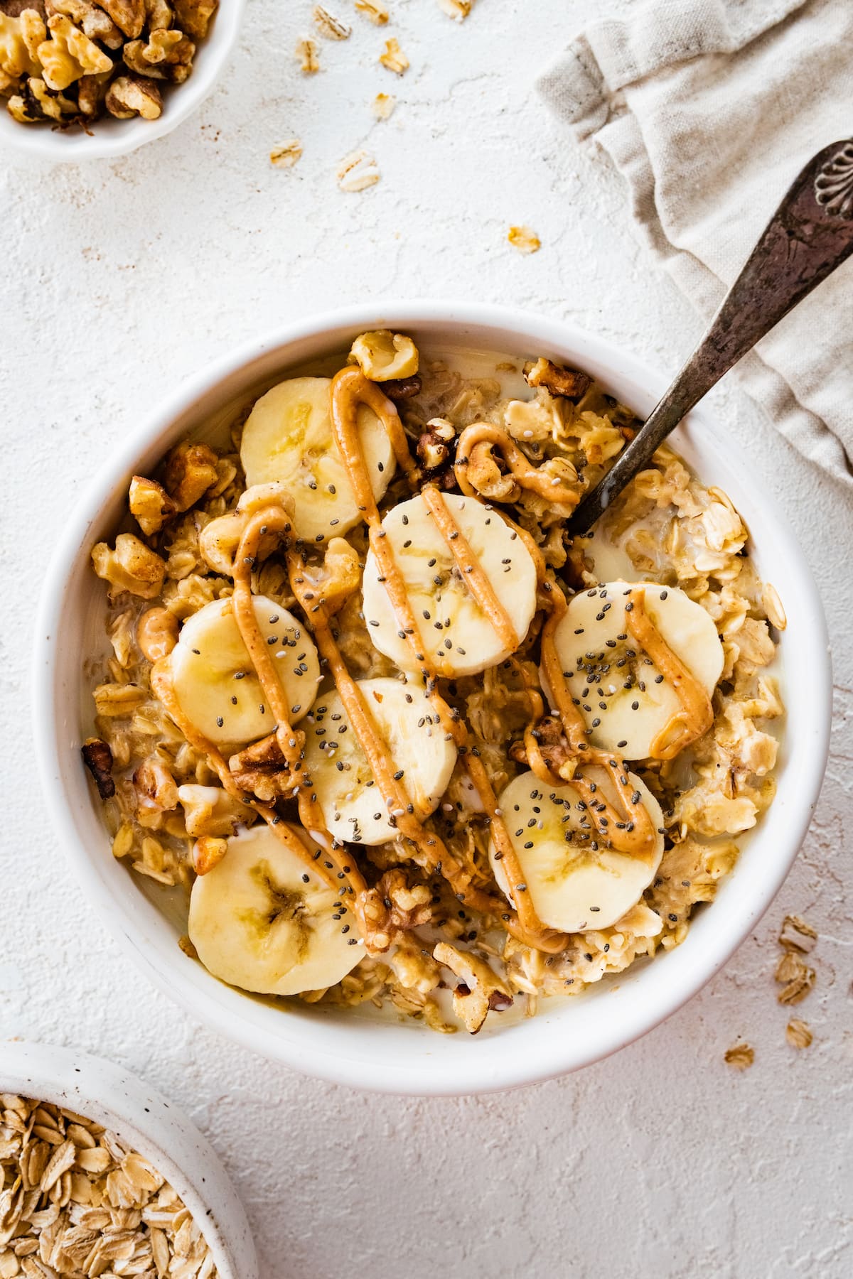 A bowl of banana nut oatmeal.