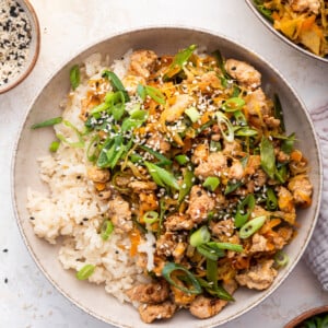 Tamari ground turkey skillet recipe served in a bowl with white rice and topped with green onions and sesame seeds.