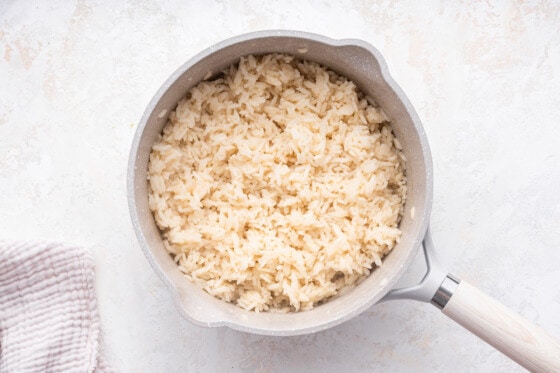 Cooked rice in a saucepan.