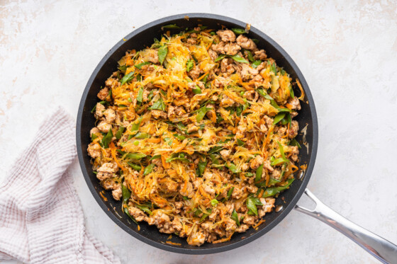 Cooked tamari ground turkey meal in a skillet.