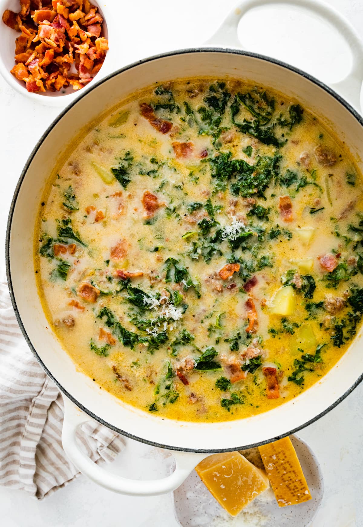 A large pot of zuppa toscana soup.