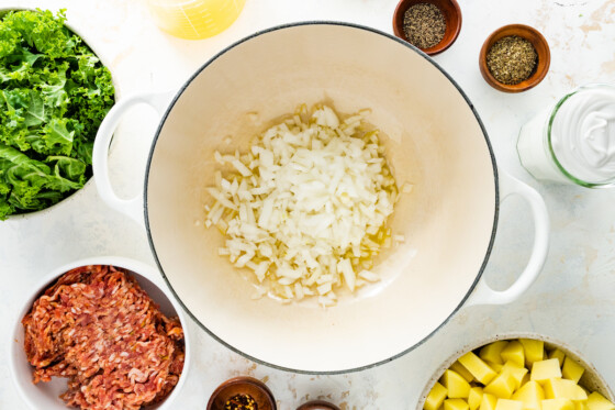 Diced onion in a large pot.