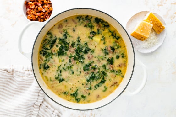 Zuppa toscana soup in a large pot.