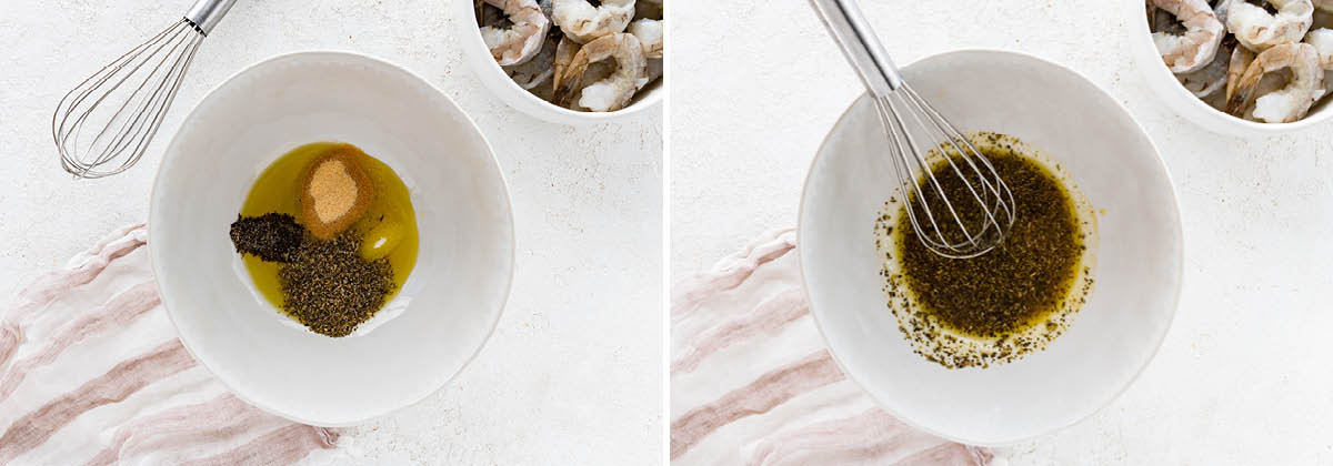 Bowl of spices and olive oil, photos before and after being whisked together.