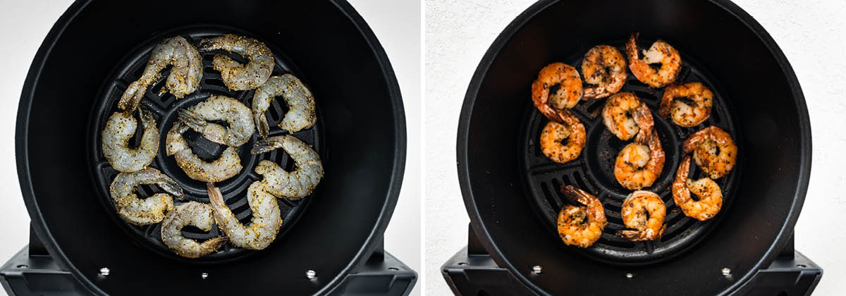 Two photos of shrimp in an air fryer basket, before and after being cooked.