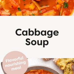 Cabbage Soup in a pot with a ladle and served in a bowl topped with parsley and next to crusty bread.