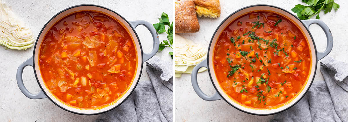 Photos of Cabbage Soup in a pot. One is plain, and one photo is of the soup topped with parsley.