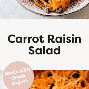 Carrot Raisin Salad in a salad bowl with a fork, and photo of it in a large serving bowl.