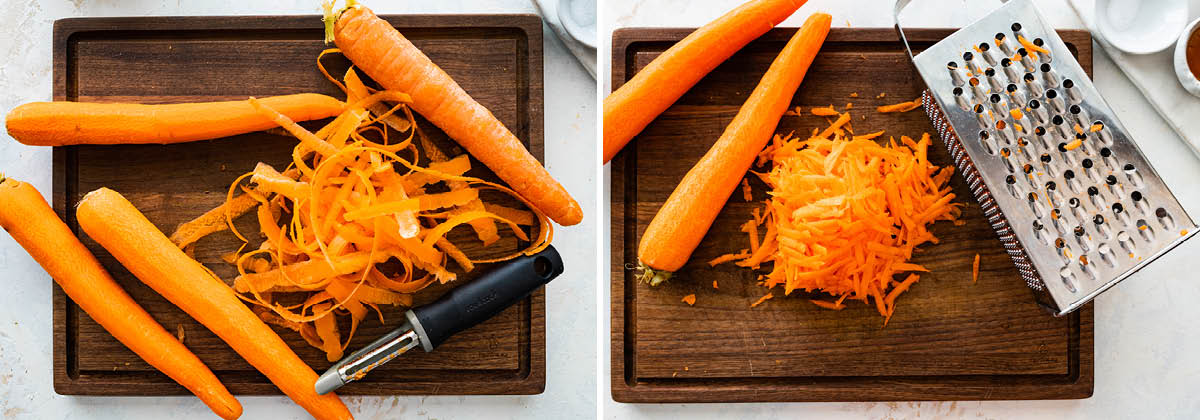 Side by side photos of carrots on a cutting board, getting peeled and then shredded with a grater.