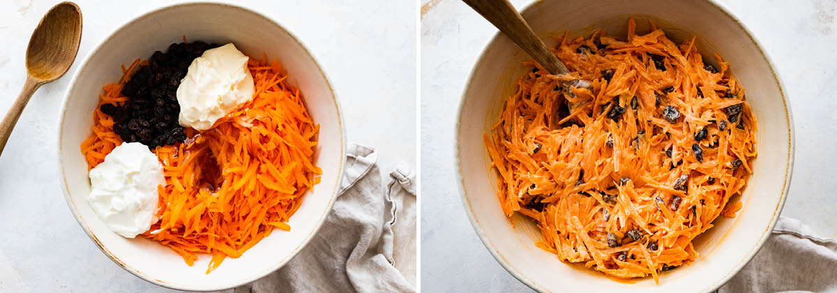 Side by side photos of the ingredients to make carrot raisin salad with a Greek yogurt dressing, before and after being mixed.