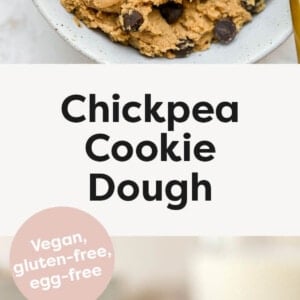 Photo of a bowl of chickpea cookie dough, and a photo of a spoon with chickpea cookie dough on it.