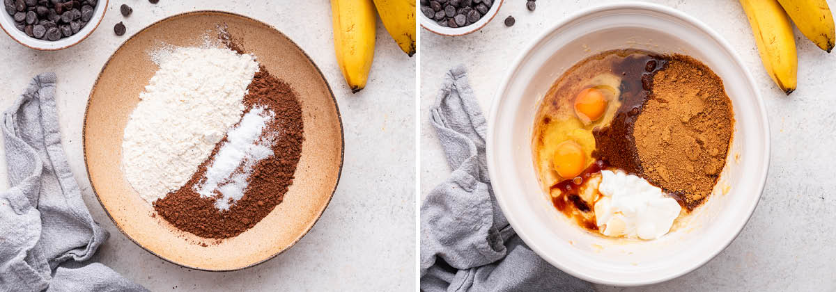 Side by side photos of two bowls showing the dry and wet ingredients in bowls to make Chocolate Banana Bread.