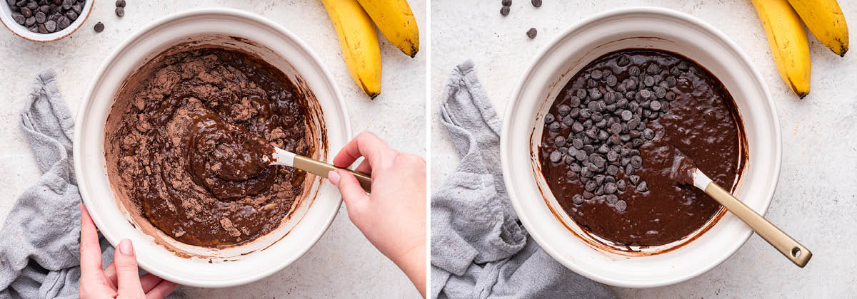 Two photos showing a spatula mixing the batter for Chocolate Banana Bread, and stirring in chocolate chips.