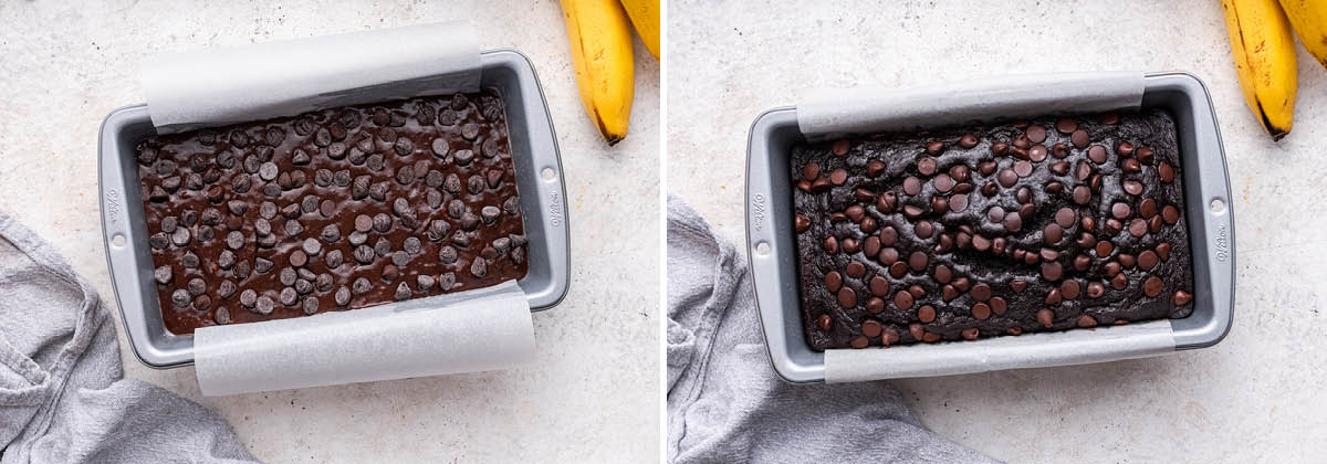 Side by side photos of batter for Chocolate Banana Bread in a loaf pan, before and after being baked.