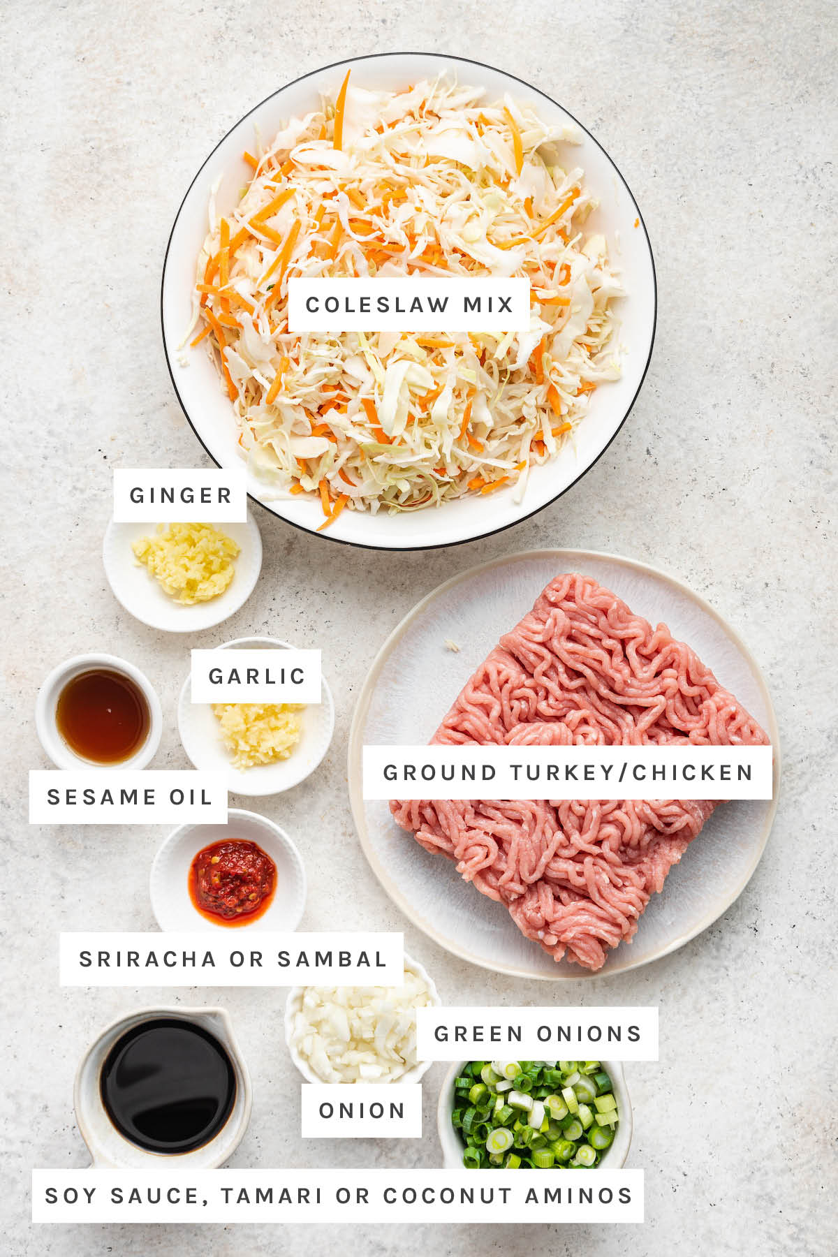 Ingredients measured out to make an Egg Roll in a Bowl: coleslaw mix, ginger, garlic, sesame oil, sambal or sriracha, ground turkey, onion, coconut aminos/tamari/soy sauce and green onions.