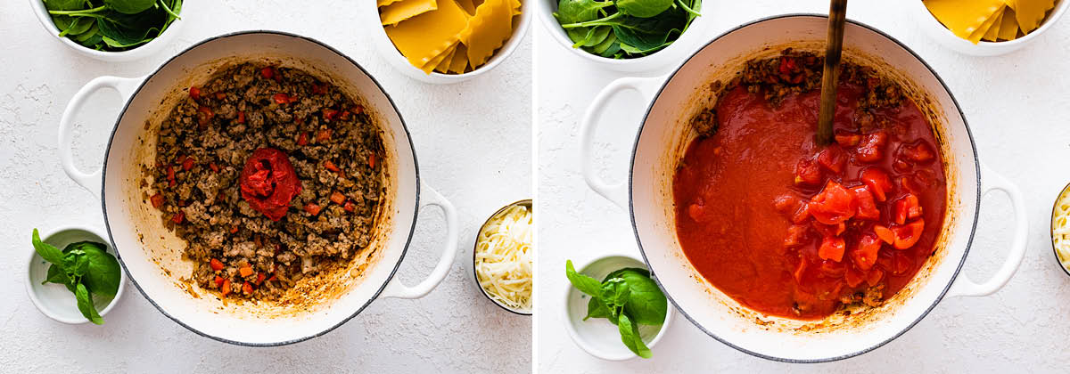 Side by side photos of a pot. One photo is of the cooked sausage and tomato paste. Another photo shows diced tomatoes and pasta sauce added to the pot.