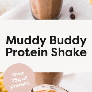 Muddy buddy protein shake in a large glass cup with a spoon. Photo below shows a spoon digging into the shake.