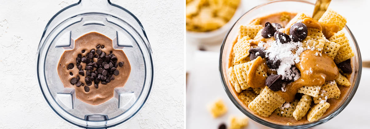 Photo of chocolate chips in a blender with a chocolate peanut butter based shake. Photo of a glass of the shake topped with Rice Chex, peanut butter, powdered sugar and chocolate chips.