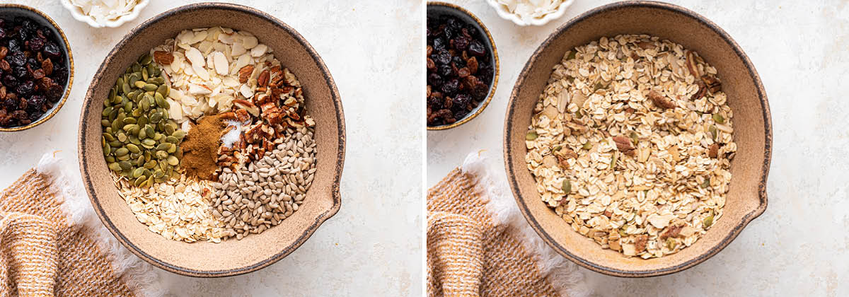 Side by side photos of a bowl with nuts, seeds and oats, before and after being mixed.