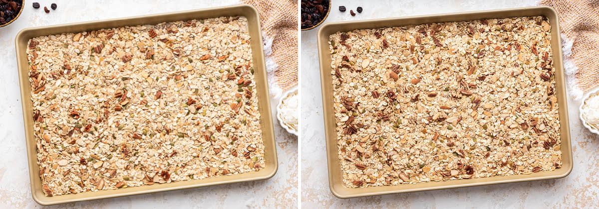 Side by side photos of a sheet pan with the Easy Muesli Recipe, before and after being baked.