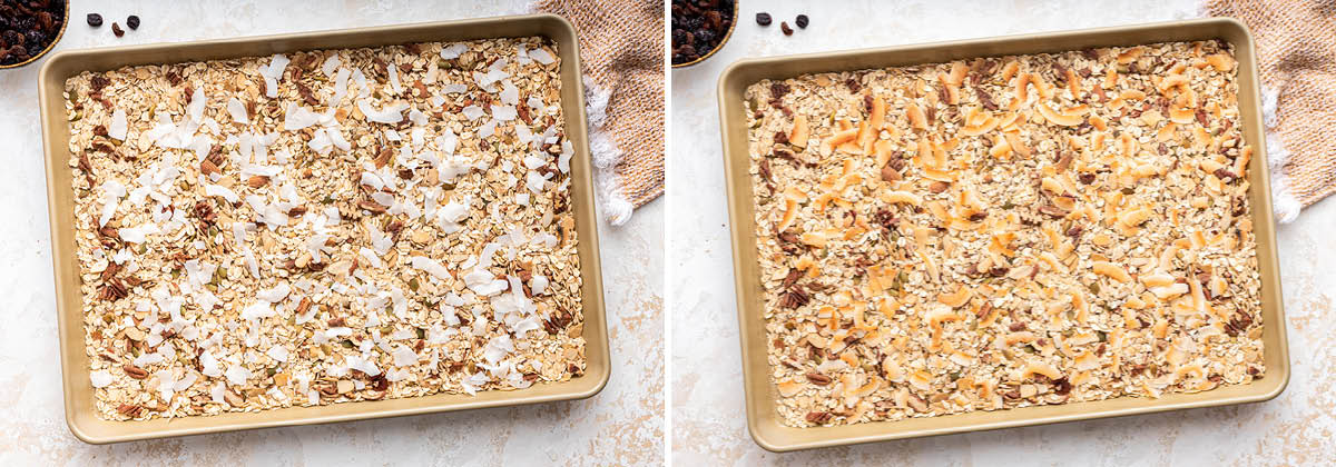 Photo of coconut added to the sheet pan, and photo of the coconut toasted on the pan with the Easy Muesli.