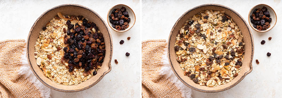 Photos of the Muesli with dried fruit before and after being mixed in.