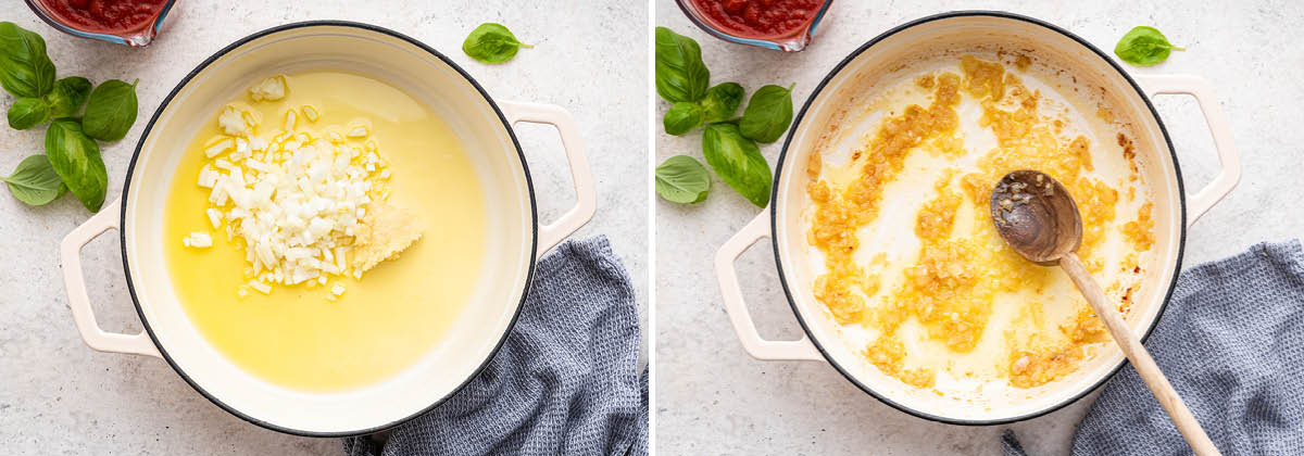 Two photos showing garlic and onions in a pot of olive oil, before and after being browned.