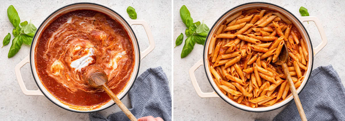 Wooden spoon stirring coconut cream into the tomato sauce. Second photo is of penne pasta stirred into the tomato sauce.