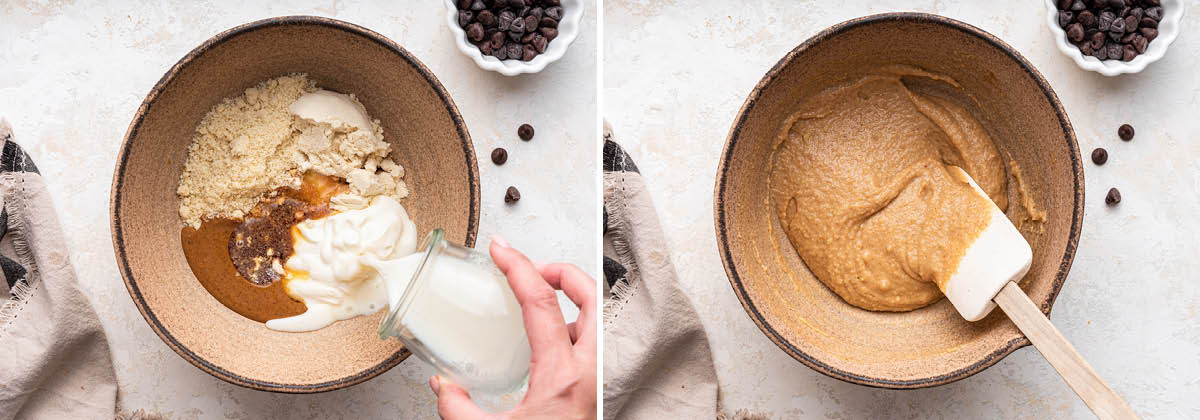 Side by side photos of the ingredient to make Protein Cookie Dough in a bowl, before and after being mixed.