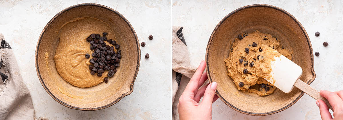 Side by side photo of the chocolate chips being added and then stirred into the Protein Cookie Dough.