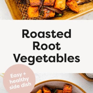 Roasted Root Vegetables on a sheet pan and served in a serving bowl.